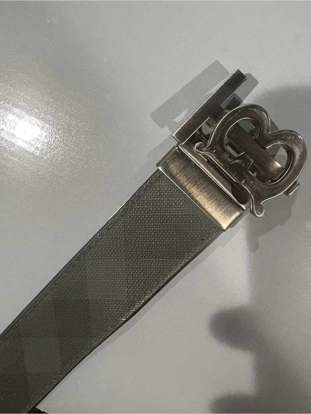 Burberry Grey Textured Leather Belt with Silver TB Buckle $200 or best offer